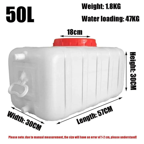 Outdoor Water Storage Tank 50L shown with dimensions and red lid for camping hiking home office school hotel emergency prep
