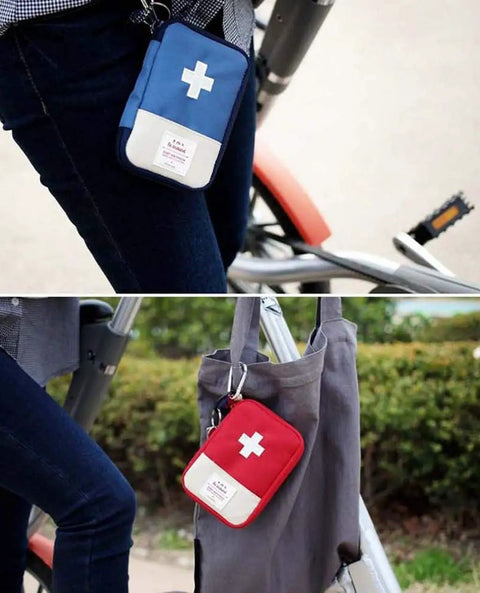 Two Pack Grab And Go First Aid Bag Portable Medical Kit on bike and bag, blue and red, 600D Oxford, camping and hiking use