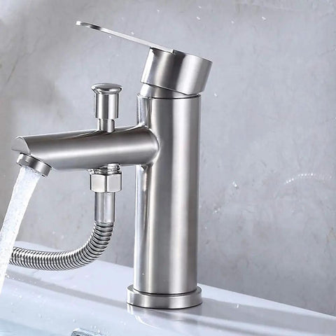 304 Stainless Steel Faucet Basin Cold Heat Nozzle Shower Pull Spray with water flow, modern dual-handle design.