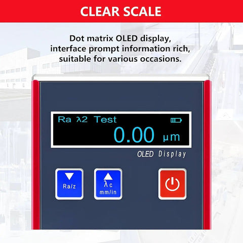 OLED display of Portable Surface Roughness Tester And Profilometer With Calibration Block, 0.01 μm Accuracy, showing measurement scale.