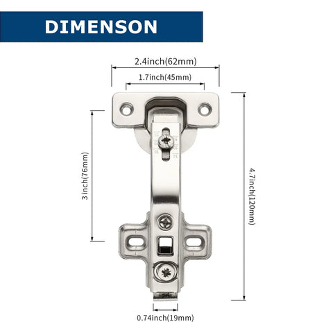 Front view of 135 Degree Cabinet Corner Hinge Set For Folded Doors with measurements shown, highlighting metal cup hinge details.