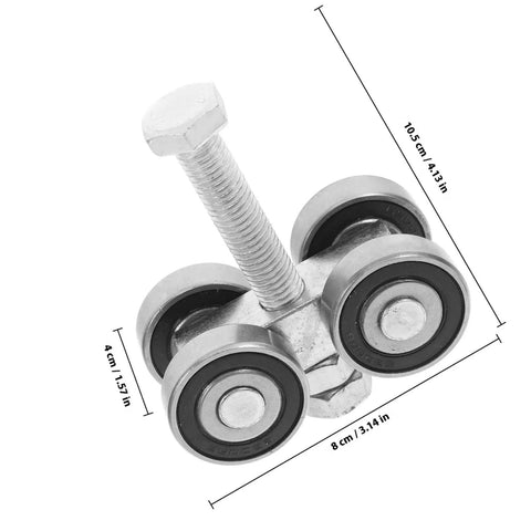 Heavy Duty Dual Bearing Sliding Door Pulley Roller In Tough Matte Black Steel for smooth sliding, showing dimensions 10.5cm x 8cm x 4cm.