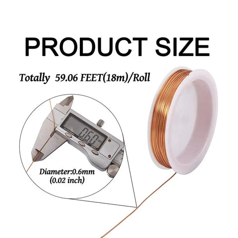 Raw Copper Jewelry Wire 22 Gauge 0.6mm 18m Per Roll Soft Round Beading Wire displayed with caliper showing 0.6mm diameter