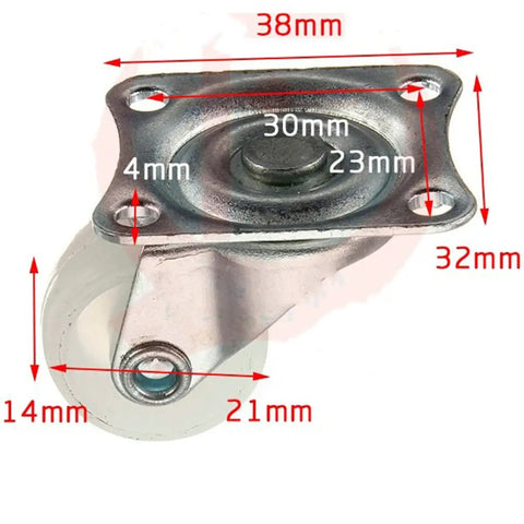 Built Tough Universal Swivel Casters Featuring Shock Resistant Ball Bearings White Nylon Roller Wheels with measurements shown