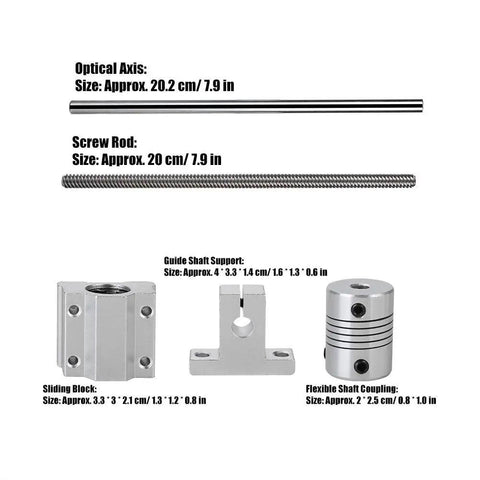 T8 Guide Screw Kit With Shaft Coupling 200mm Horizontal Optical Axis 8mm shown with components and dimensions.