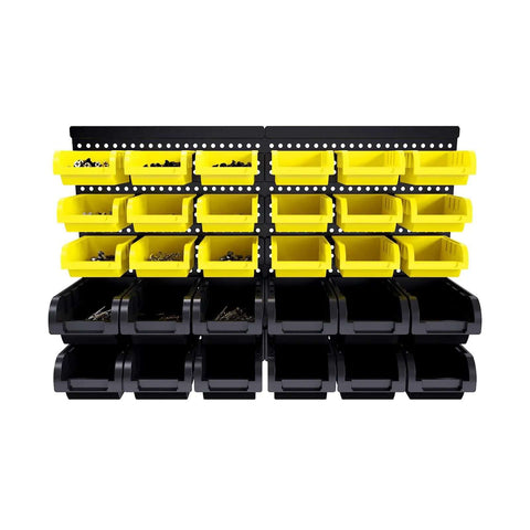 Front view of Wall Mount 30 Piece Bin Set for Nuts Bolts Screws Nails and Small Hardware Removable Adjustable Pro Grade Organizer Rack.