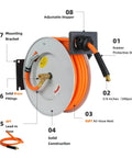 Retractable Air Hose Reel With Three Eighths Inch By Fifty Foot Hybrid Hose Auto Rewind 300 PSI All Weather Flex Ceiling Or Wall Mount Heavy Duty Air Tool For Home Garage Or Workshop with labeled parts.