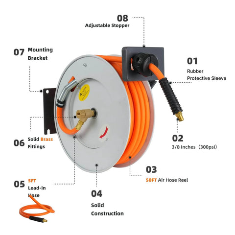 Retractable Air Hose Reel With Three Eighths Inch By Fifty Foot Hybrid Hose Auto Rewind 300 PSI All Weather Flex Ceiling Or Wall Mount Heavy Duty Air Tool For Home Garage Or Workshop with labeled parts.