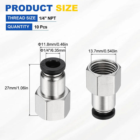 Product dimensions of Ten Piece Push to Connect Fittings One Quarter NPT Female, Nickel Plated Brass, Pneumatic Adapters