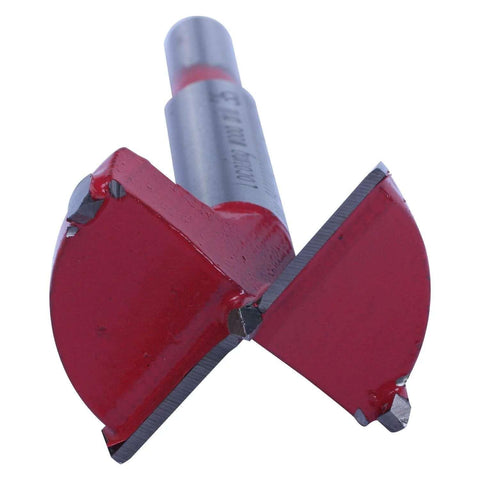 Close-up of red hinge boring drill bit, 35mm diameter, carbide cutting edges and silver shank.