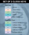 Universal 5 Prong Brass Clock Key Set For Winding Clocks size chart for odd and even numbers from 3mm to 4.5mm