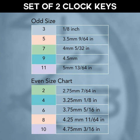 Universal 5 Prong Brass Clock Key Set For Winding Clocks size chart for odd and even numbers from 3mm to 4.5mm