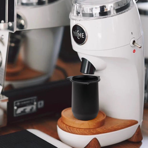 54mm Dosing Cup for Breville 54mm Portafilters and Home Espresso Rigs Fits Barista Express Pro Barista Touch Smart Grinder Niche Zero and Other 54mm Breville Machines Black placed under grinder