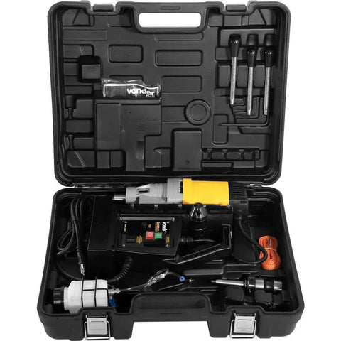 Heavy Duty Magnetic Base Drill Press Rock Solid Shop Workhorse Two Twenty Volt Portable Core Boring Rig For Tough Metal Jobs No Fuss Setup Sweet Performance Day In Day Out in a sturdy carrying case.