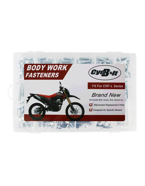 Premium Heavy Duty Blue Zinc Plated Bolt Kit For Honda CRF250 300 450 Rally Dirt Bikes in a clear storage box.