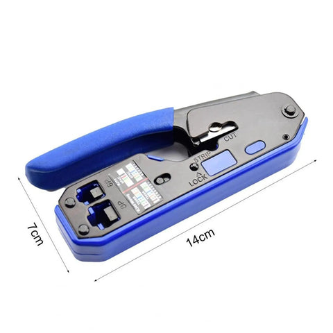 Mengkkk Heavy Duty Rj45 Crimping Tool With Built In Wire stripper And Cutter, 14cm length, blue rubber grip for comfort.