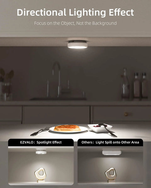 Rechargeable LED Puck Lights With Remote Control illuminating a plate under cabinet, demonstrating spotlight effect and light control
