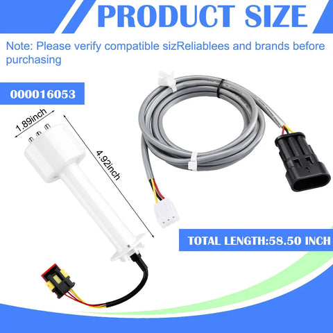 Ice Machine Water Level Sensor Probe Kit With Harness for Commercial Ice Makers, showing probe and cable length dimensions.