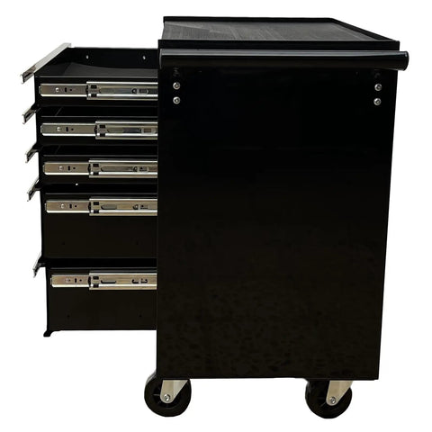 Side view of Beefy 26 Inch 5 Drawer Rolling Tool Chest Cabinet With Ball Bearing Slides Steel Tool Storage Box Organizer in Black