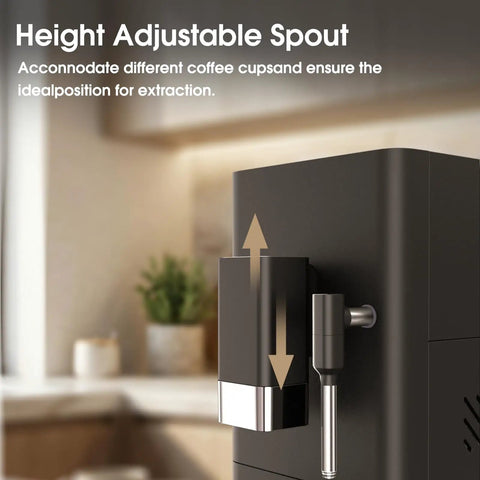 Hassle Free One Touch Automatic Espresso Machine With Built In Grinder And Manual Milk Frother height adjustable spout for different cup sizes.