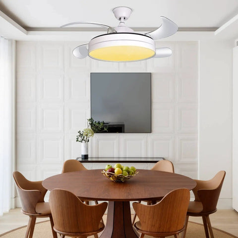 42 Inch Retractable Ceiling Fan With Lights And Bluetooth Speaker, Hidden Blades Chandelier Ceiling Fan in modern dining room