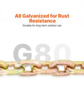 Three Eighths Inch 20 Foot G80 Tow Chain With Grab Hooks, galvanized for rust resistance, close-up view of manganese steel links