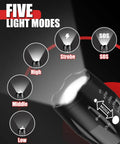 Two Pack LED Flashlight Set With Zoomable Beam Five Modes Waterproof Tactical Torch For Outdoors Camping Hiking Dorm Room Essentials Perfect Gift For Men Heavy Duty Ultra Bright Night Light showing five light modes.