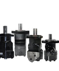 Built Tough Valved Pump Hydraulic Linear Actuator Packed With Snappy Solenoid Valve Hub Gear AC Motors And Rock Solid Pneumatic Cylinder Check Motor Bm2 Bmr Omr Units, four industrial actuators displayed from various angles.
