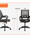 Measurements of Ergonomic Office Chair With Breathable Mesh Back And Lumbar Support, Mid Back Swivel Desk Chair, Height Adjustable