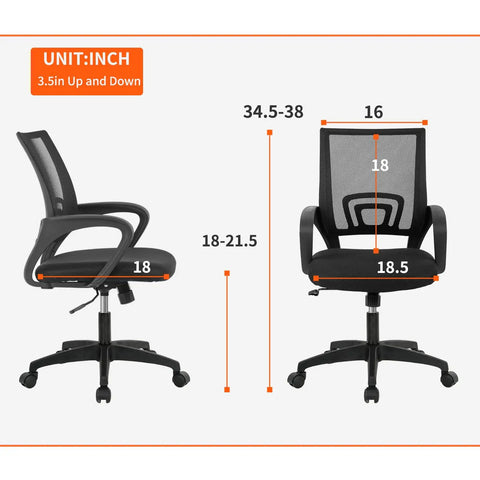 Measurements of Ergonomic Office Chair With Breathable Mesh Back And Lumbar Support, Mid Back Swivel Desk Chair, Height Adjustable