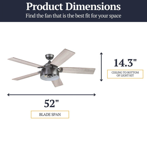 Industrial 52 Inch LED Ceiling Fan With Remote Light Kit, Dual Mounting, Reversible Motor, Five Dual Finish Blades, Iron Finish