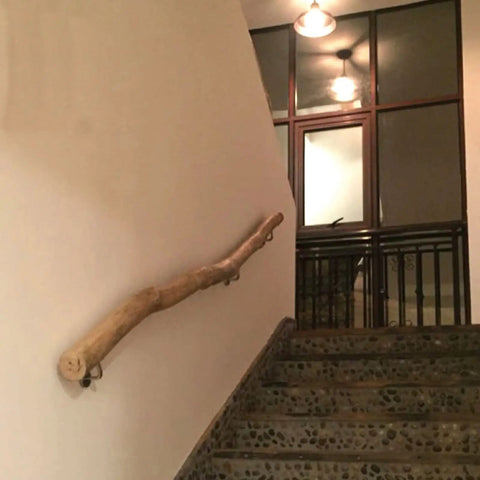 Adjustable Rustic Solid Wood Wall Grab Rail With Steady As A Rock Mounting Hardware, Tight Grip Stair Handrail for Elderly Safety on stairs.