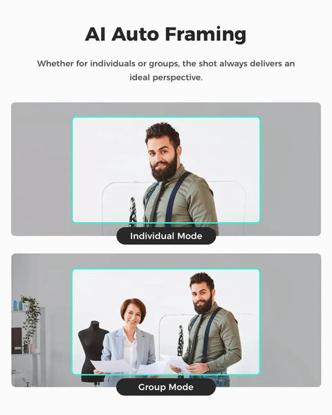 Next Level Webcam For Pc Capturing Sharp 1080P Video At 100 Fps showcasing AI Auto Framing in individual and group settings.