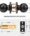 Diagram of 8 Pack Privacy Door Knobs Matte Black Interior Passage Lock Set Keyless Round Doorknobs for Bedroom and Bathroom sizing details.