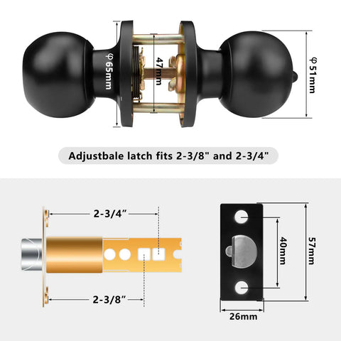 Diagram of 8 Pack Privacy Door Knobs Matte Black Interior Passage Lock Set Keyless Round Doorknobs for Bedroom and Bathroom sizing details.