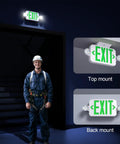 Heavy Duty LED Exit Sign And Emergency Light Combo Built Damn Tough With Double Sided Green Message showing top and back mount options.