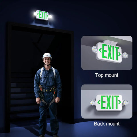 Heavy Duty LED Exit Sign And Emergency Light Combo Built Damn Tough With Double Sided Green Message showing top and back mount options.