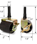 Front and side view of Eight Pack Heavy Duty Bed Frame Casters with Locking Swivel Wheels, 2 Inch Metal Rollers, with dimensions.