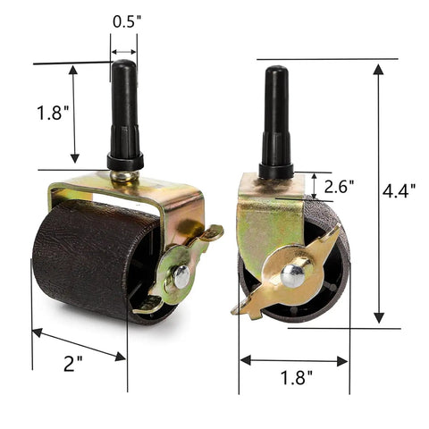 Front and side view of Eight Pack Heavy Duty Bed Frame Casters with Locking Swivel Wheels, 2 Inch Metal Rollers, with dimensions.