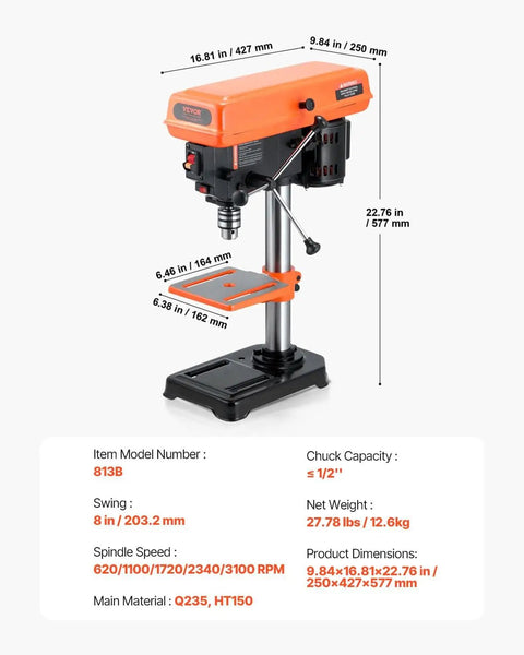 8 Inch Benchtop Drill Press With Five Speed Settings 750 1140 1740 2340 3200 RPM, 0-45 Degree Tilting Table, LED Work Light