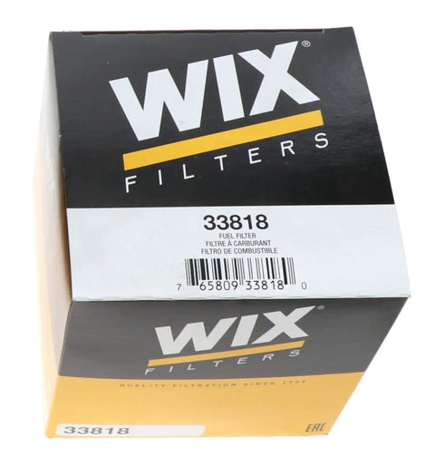 Box of Wix Filters 33818 fuel filter, showcasing packaging for Pro-Grade Racing Filters Cartridge Fuel Filter For High-Performance Engines.