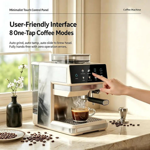 Straight Fire Smart Fully Automatic Espresso Machine Loaded With A Built In Conical Burr Grinder And Twenty Five Precision Settings For Brewing Hot And Cold Brew Coffee Right At Home Daily, showing user-friendly interface with one-tap coffee modes.