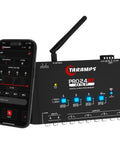 Bluetooth DSP Crossover For Car Audio With App Control 15 Band Graphic Equalizer 12 Presets 2 In 4 Out High Level Input Gain Up To 9V Wireless Phone Tuning For A Bangin Loud Clear Sound shown with smartphone app interface