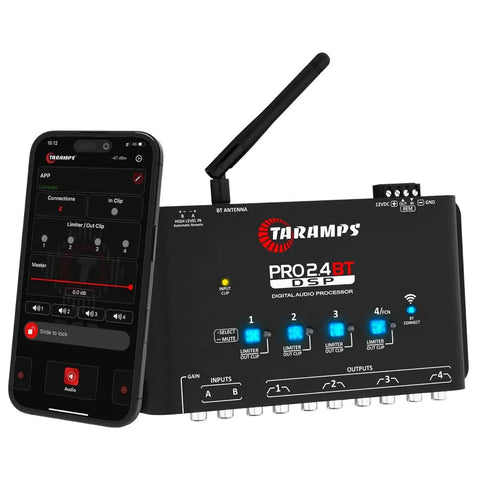 Bluetooth DSP Crossover For Car Audio With App Control 15 Band Graphic Equalizer 12 Presets 2 In 4 Out High Level Input Gain Up To 9V Wireless Phone Tuning For A Bangin Loud Clear Sound shown with smartphone app interface