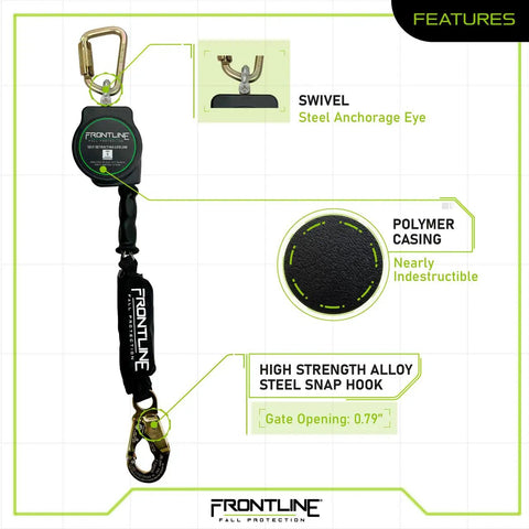 Rugged Heavy Duty Self Retracting Lifeline with Three Sixteenth Inch Galvanized Steel Cable and Steel Snap Hook End, Swivel Anchorage Eye