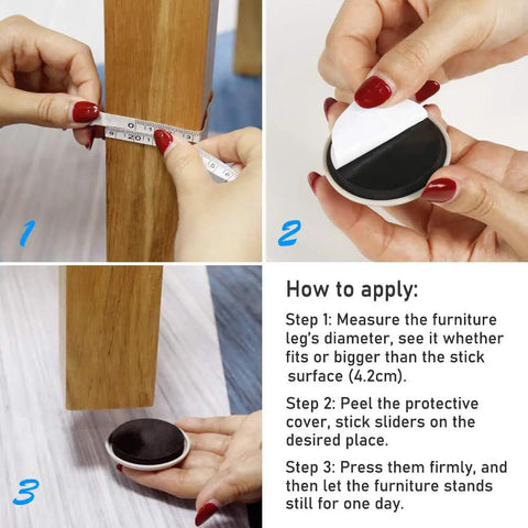 Steps showing application of beige 2 Inch Stick On Furniture Sliders 12 Pack Glides for Easy Moving on Carpet and Hardwood Floors.