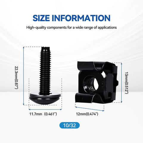 Heavy Duty 10/32 Thread Rack Screws With Snap In Cage Nuts And Nylon Washers For Server Racks Network Gear And Audio Cabinets, size details.