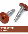 Pack Of Fifty Copper Brown Self Drilling Screws One Inch Twenty One Thirty Second By Five Eighth Inch Philips Truss Head Tapping Fasteners With Driver Bit No Hassle Installation For Metal Siding, showing copper brown screws with wide heads.