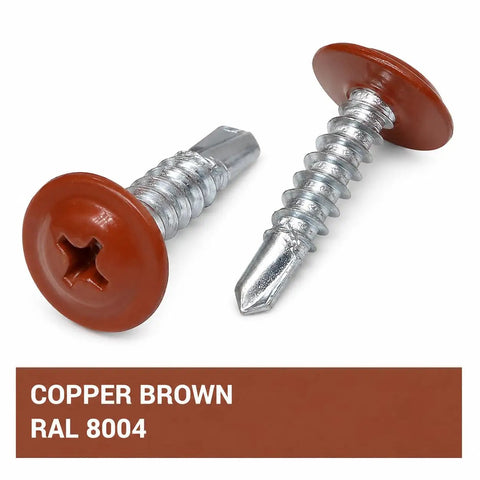 Pack Of Fifty Copper Brown Self Drilling Screws One Inch Twenty One Thirty Second By Five Eighth Inch Philips Truss Head Tapping Fasteners With Driver Bit No Hassle Installation For Metal Siding, showing copper brown screws with wide heads.