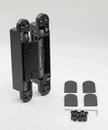 Heavy-Duty Self Soft-Closing Hidden Door Hinge for Commercial and Residential Doors, matte black, with installation accessories.